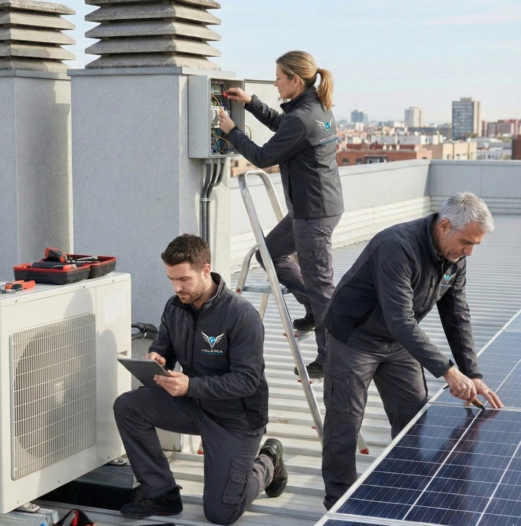 Técnico de mantenimiento realizando reparaciones de electricidad y fontanería en edificio