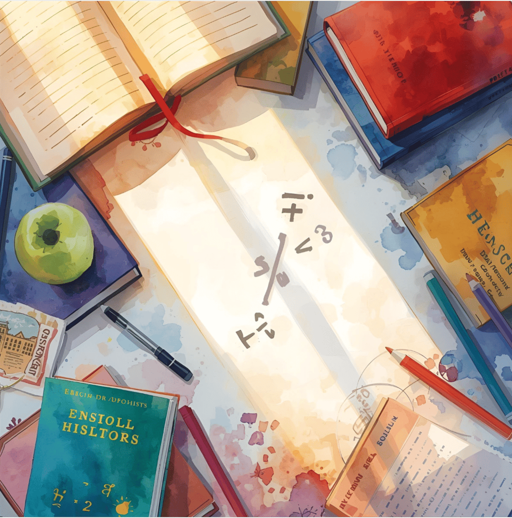 cahiers et livres scolaires crayon pomme manger stylos couleur équations maths scolaire