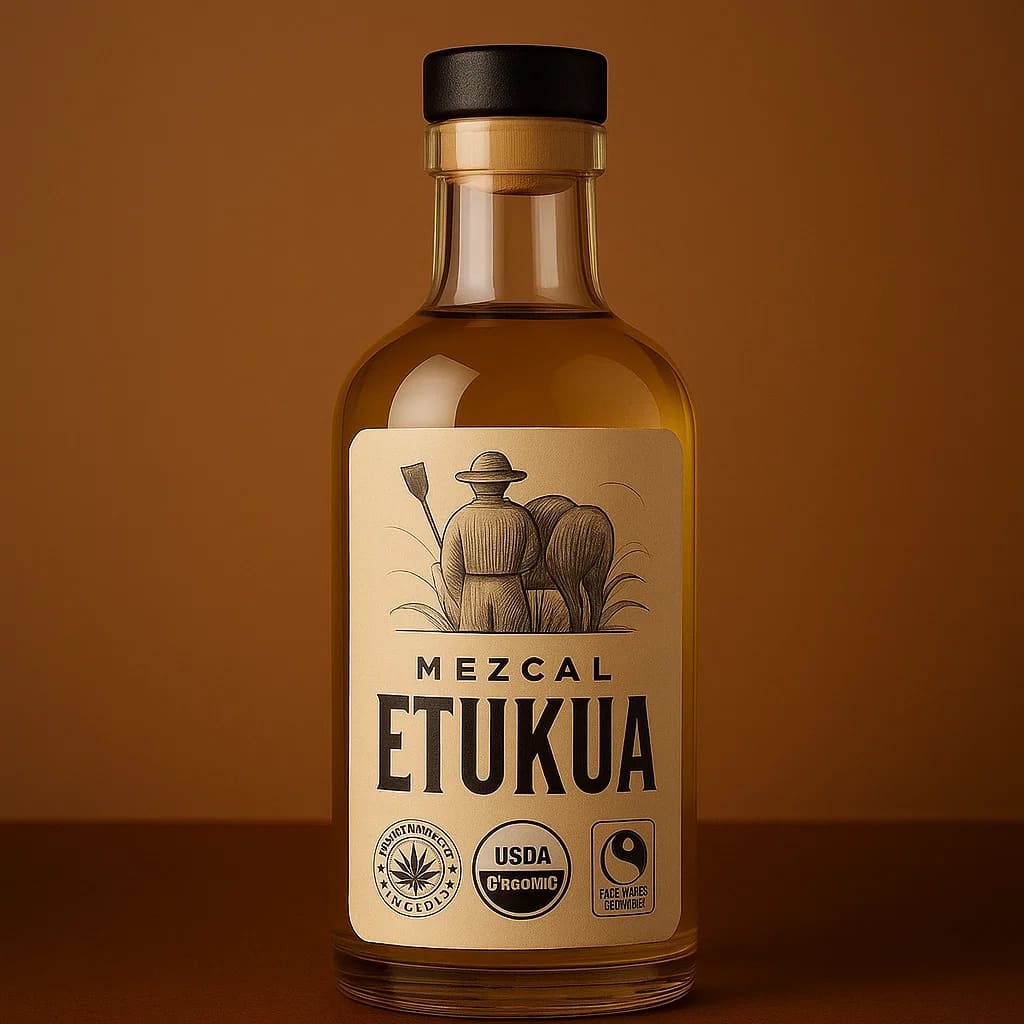 Close-up de etiquetas de mezcal artesanal con sellos de Denominación de Origen, orgánico y comercio 