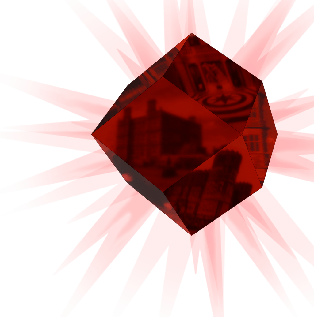 A red rhombic dodecahedron resembling a garnet crystal and reflecting images of country houses