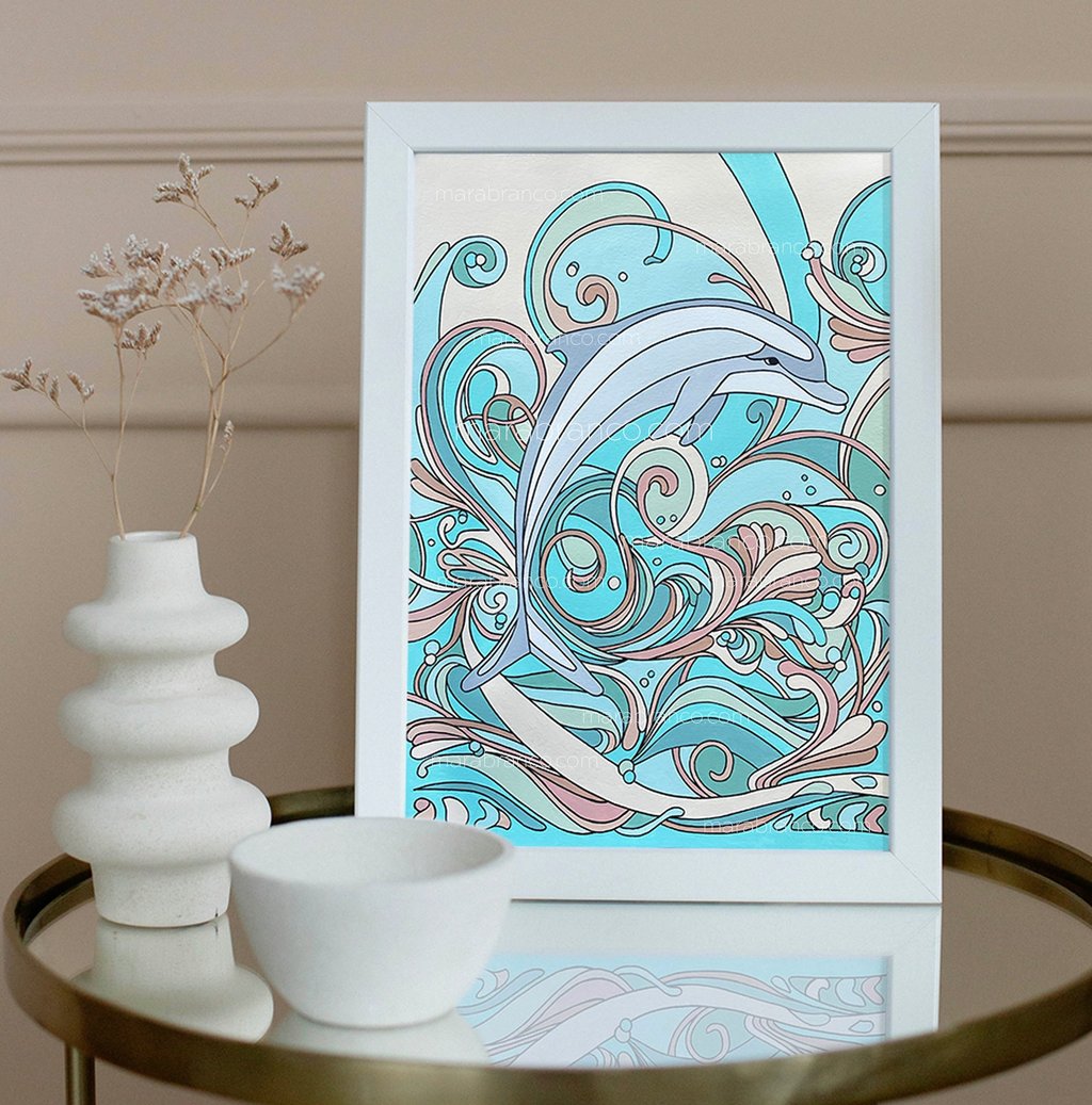 Framed dolphin art print with blue and pink swirls design by Mara Branco in a modern room setting.