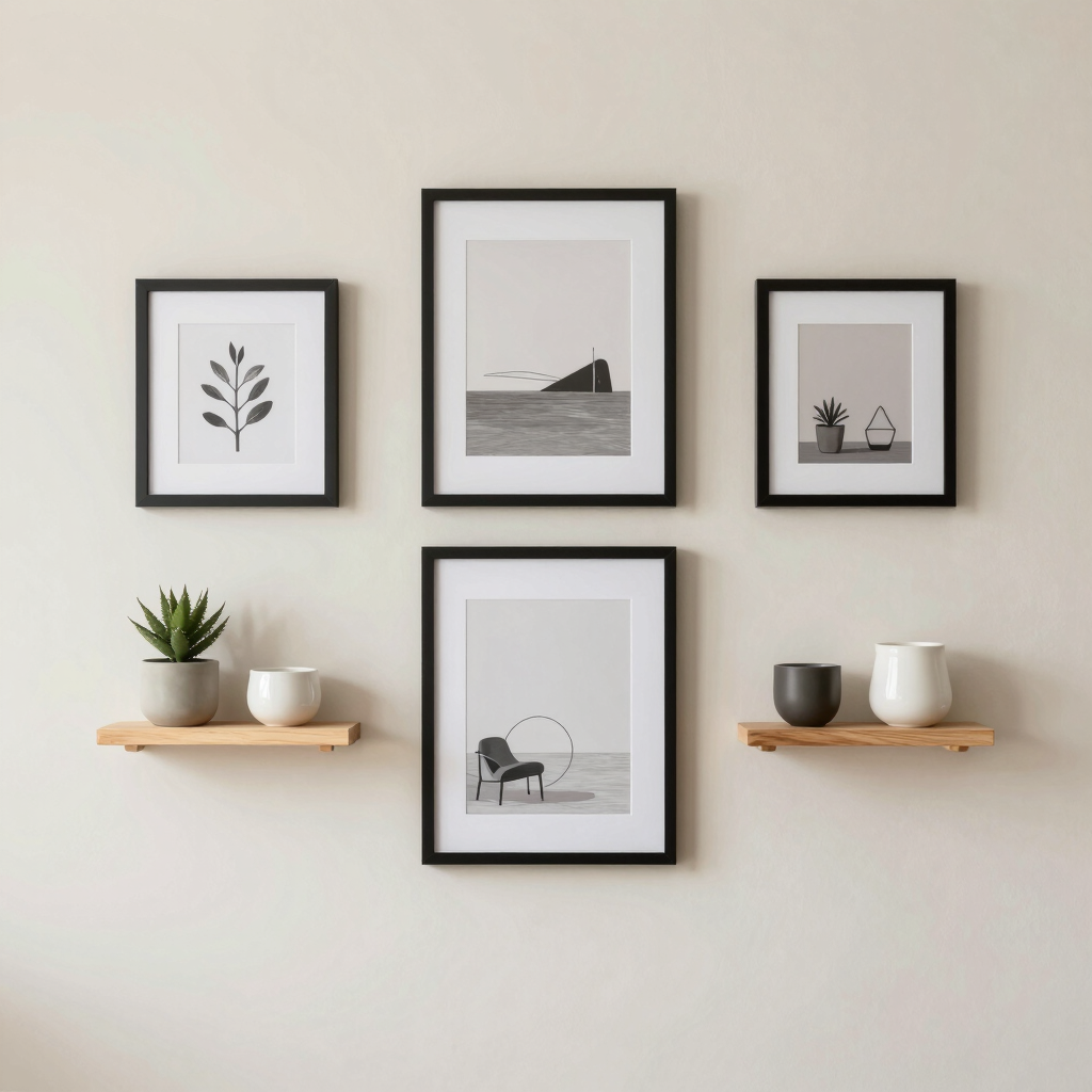 A wall decor setup with framed art, small shelves, and simple personal items arranged symmetrically,