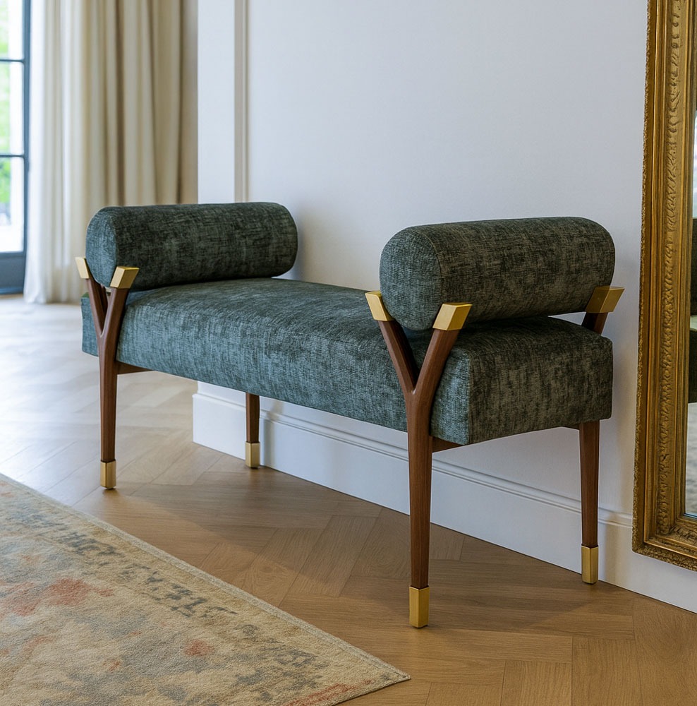 Solo Home Decor custom bench with walnut Y-legs and brass accents, showcased in a high-end interior setting.