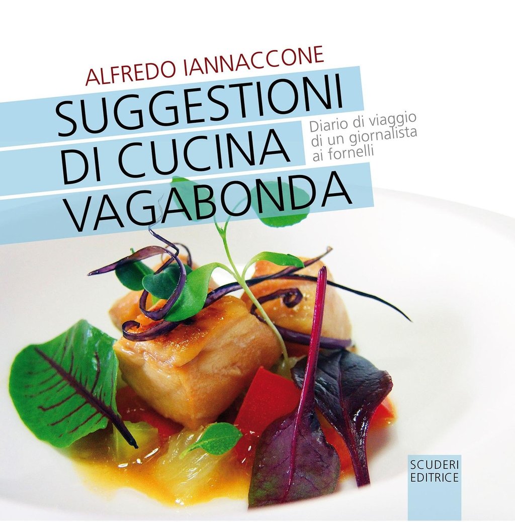 Cookbook cover: "Suggestioni di Cucina Vagabonda" by Alfredo Iannaccone, featuring pan-fried fish or pork belly with