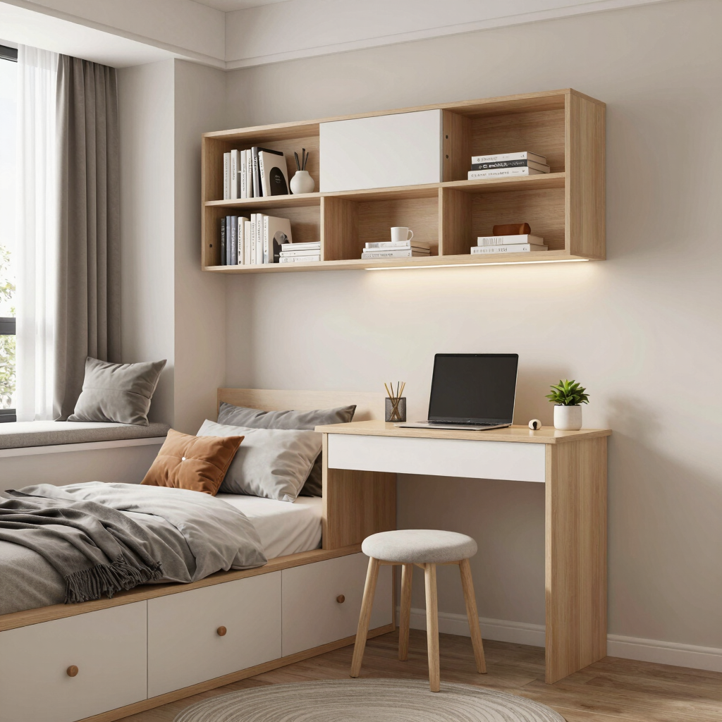 A stylish small teenage bedroom with a compact layout, featuring a bed with storage drawers, a wall