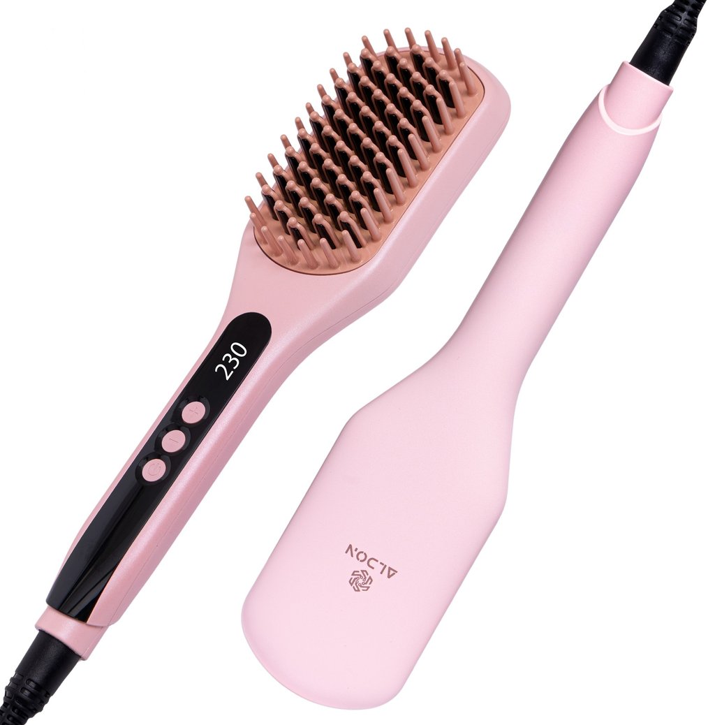 a pink hair brush and a brush on a white background