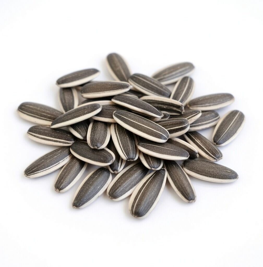 A small pile of roasted black and white striped sunflower seeds isolated on a white background.