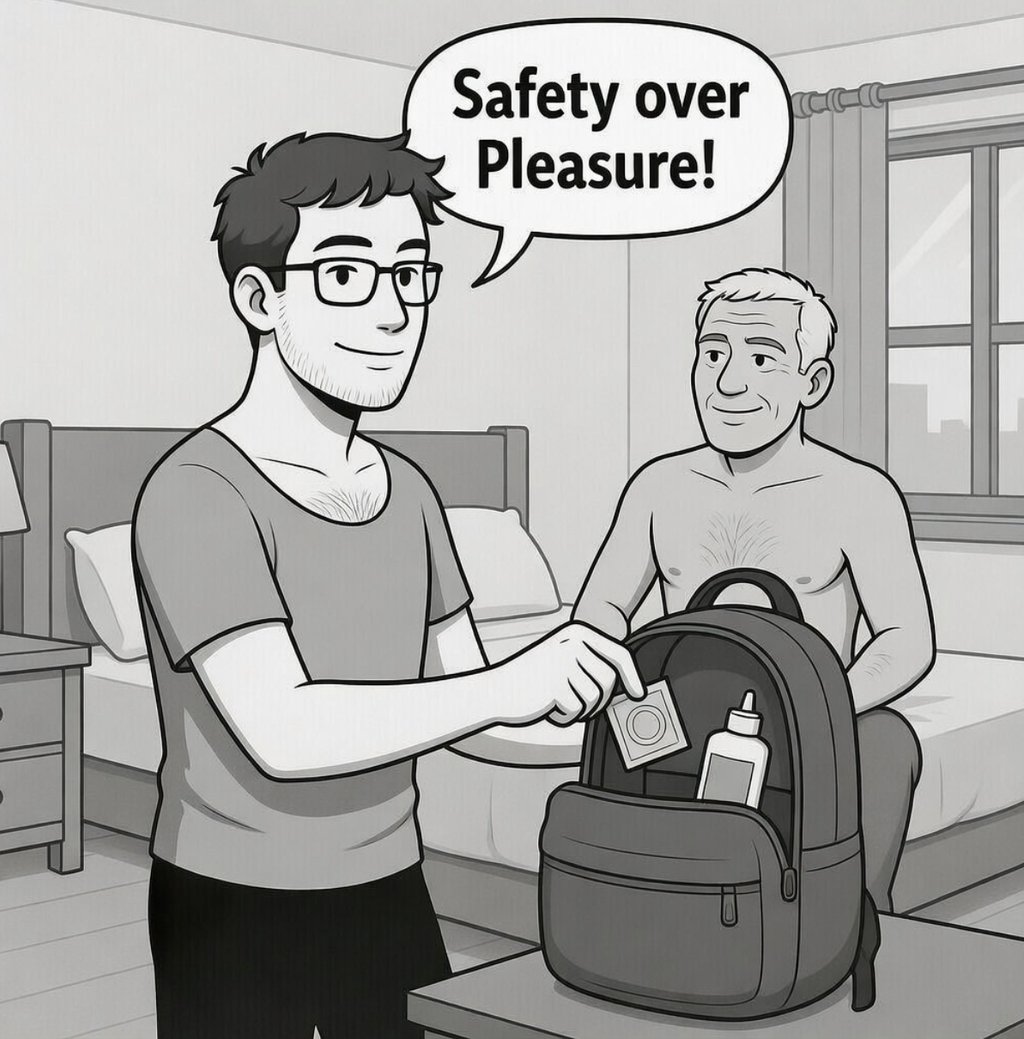 cartoon male sex worker pulling condom out with another male on sitting on male with wrinkles