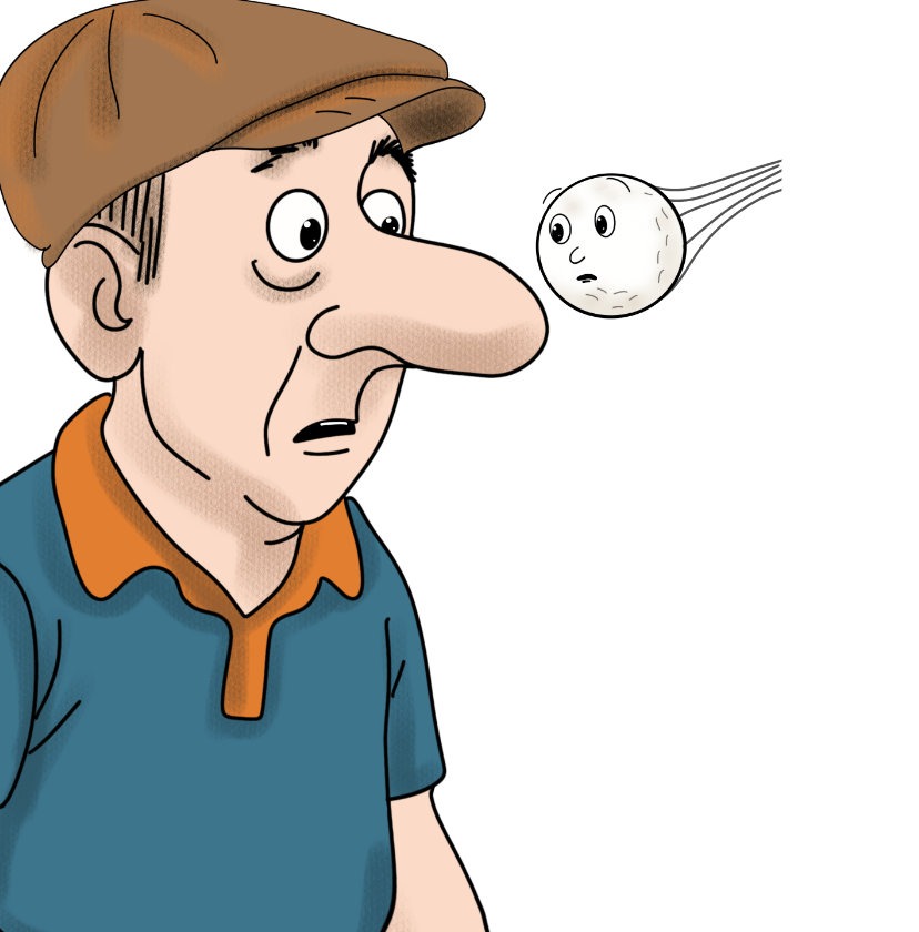 golf ball flying past the nose of a man in a cap