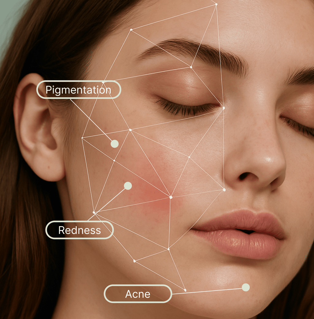 Digital skin analysis scanning a woman's face for acne, redness, and pigmentation issues.