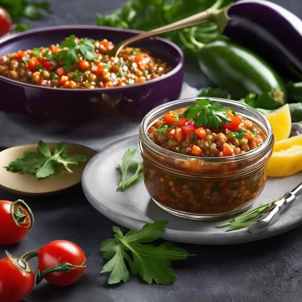 Caviar d'aubergine, tomate et persil. Posé dans une assiette sur une table.