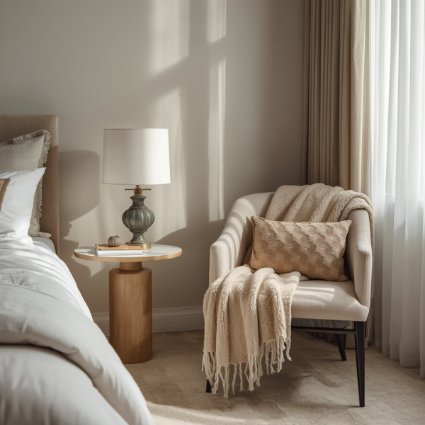 Cozy reading nook with chair, lamp, and soft throw in a small bedroom corner