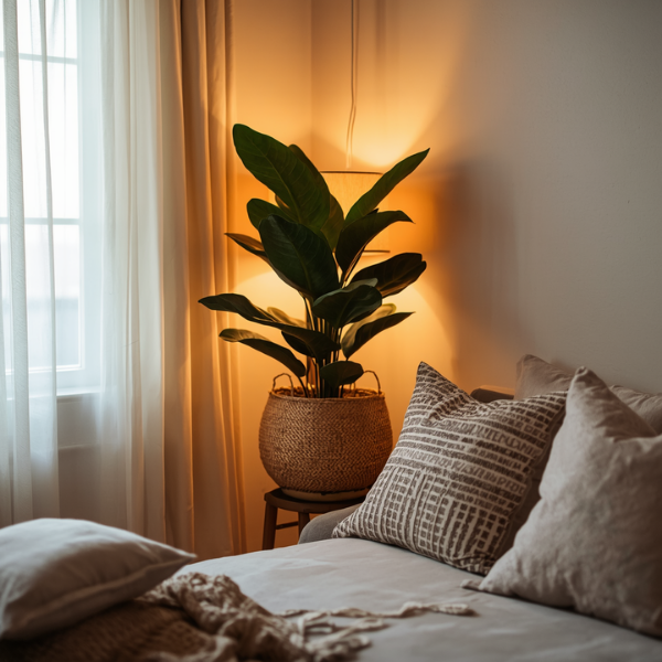 Decorative cushions and soft blanket enhancing small bedroom reading corner