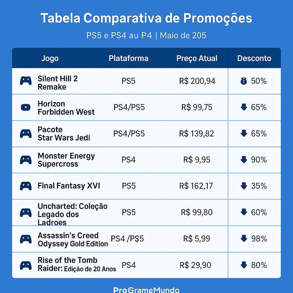 Tabela de promoções de jogos PS5 e PS4 com descontos de até 90%.