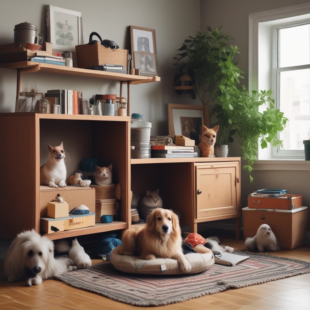 a dog sitting on a rug in a room