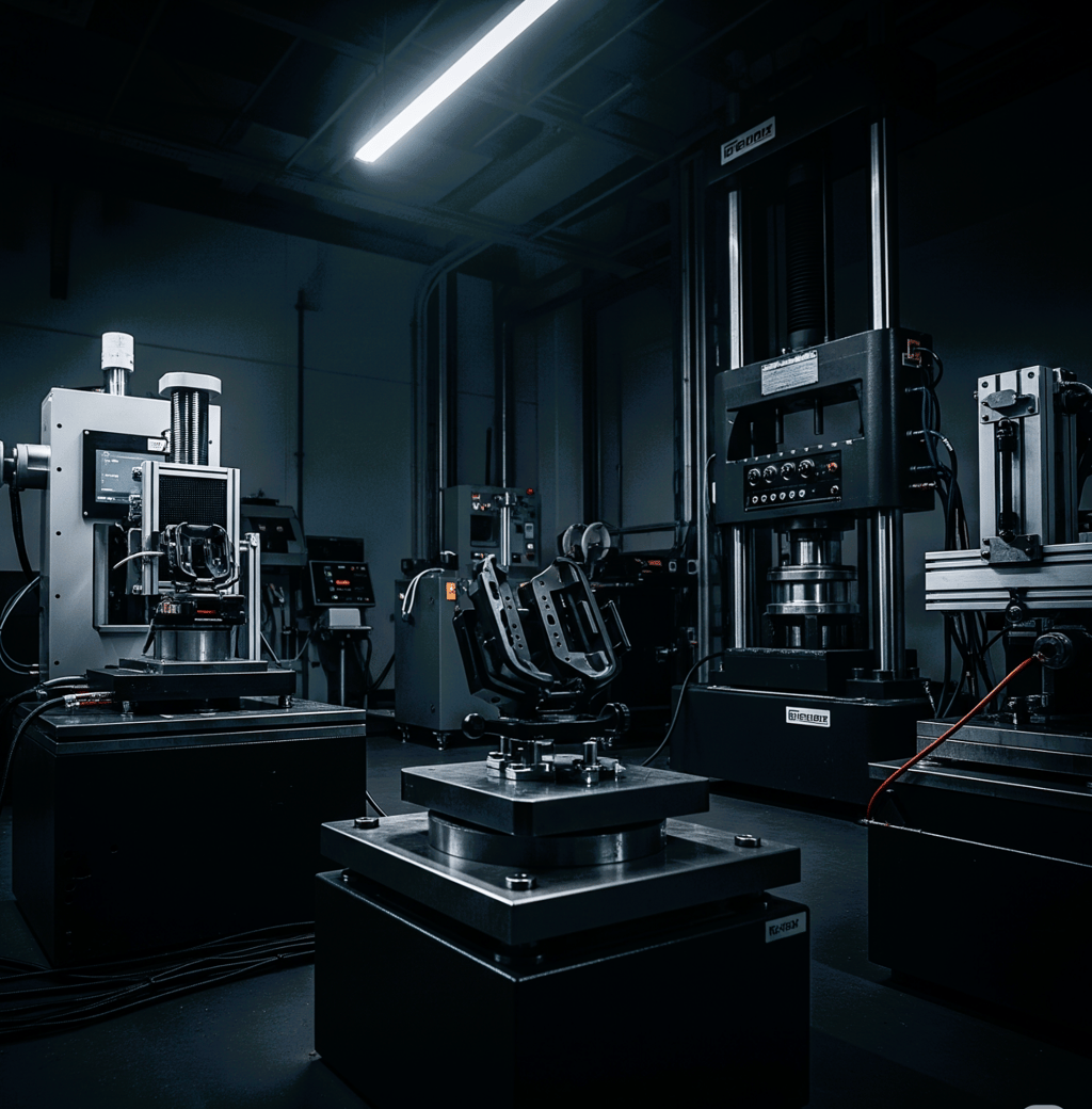  dramatic, dark, cinematic shot emphasizes generic bike mount testing equipment in a dedicated testing facility, devoid of pe