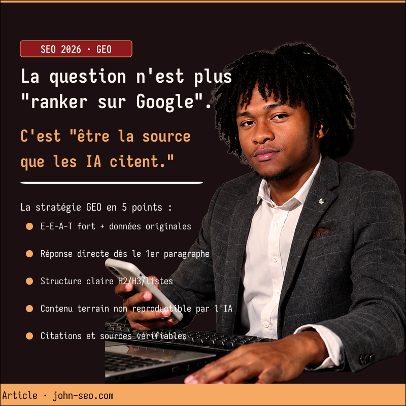 Stratégie GEO Generative Engine Optimization 2026 — être cité par les IA selon John SEO