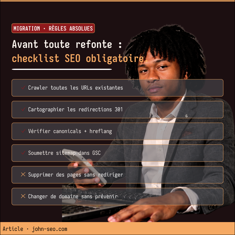 Checklist migration SEO 2026 : redirections 301 et règles absolues — infographie John SEO consultant