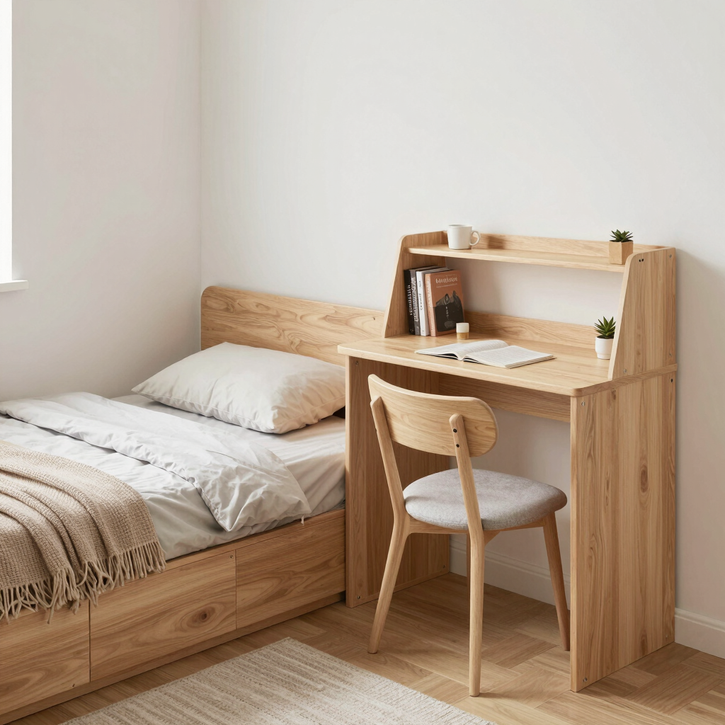 Small room with multi function furniture like storage bed and compact desk maximizing space.