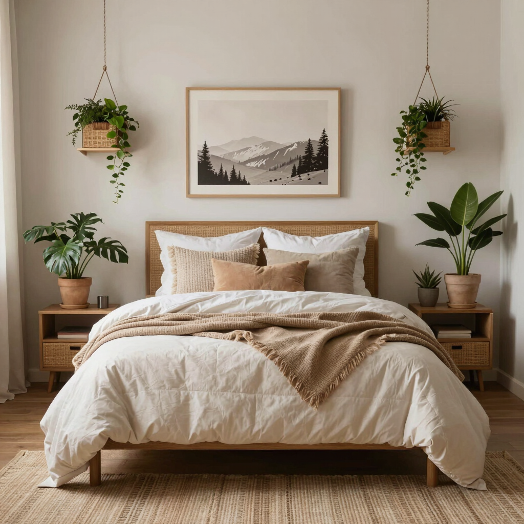 A cozy boho style bedroom with layered textiles, plants, and textured decor, warm and inviting feel