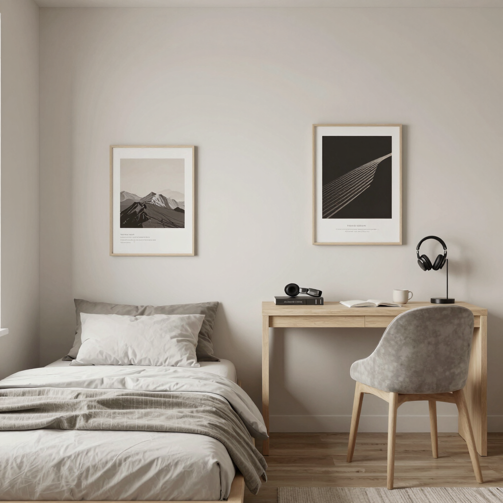 Minimalist teen bedroom with neutral tones, clean bed, desk, and subtle personal touches like poster