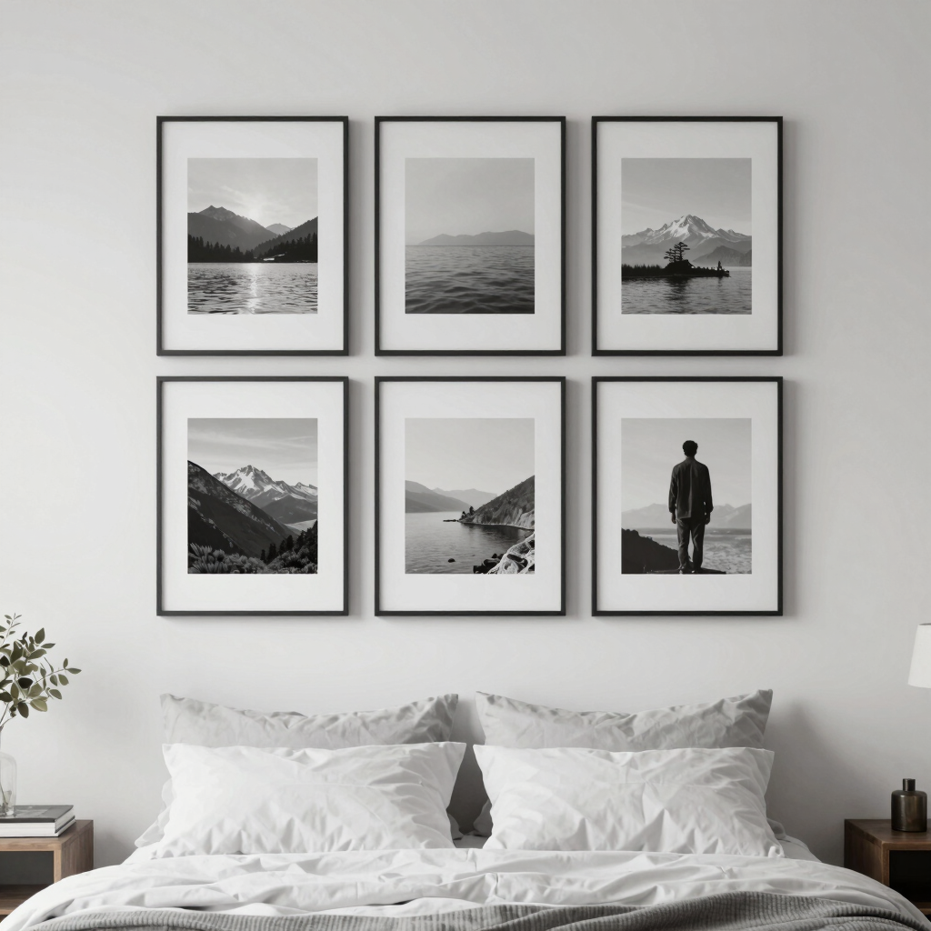 Poster wall with framed prints arranged in a clean grid above the bed