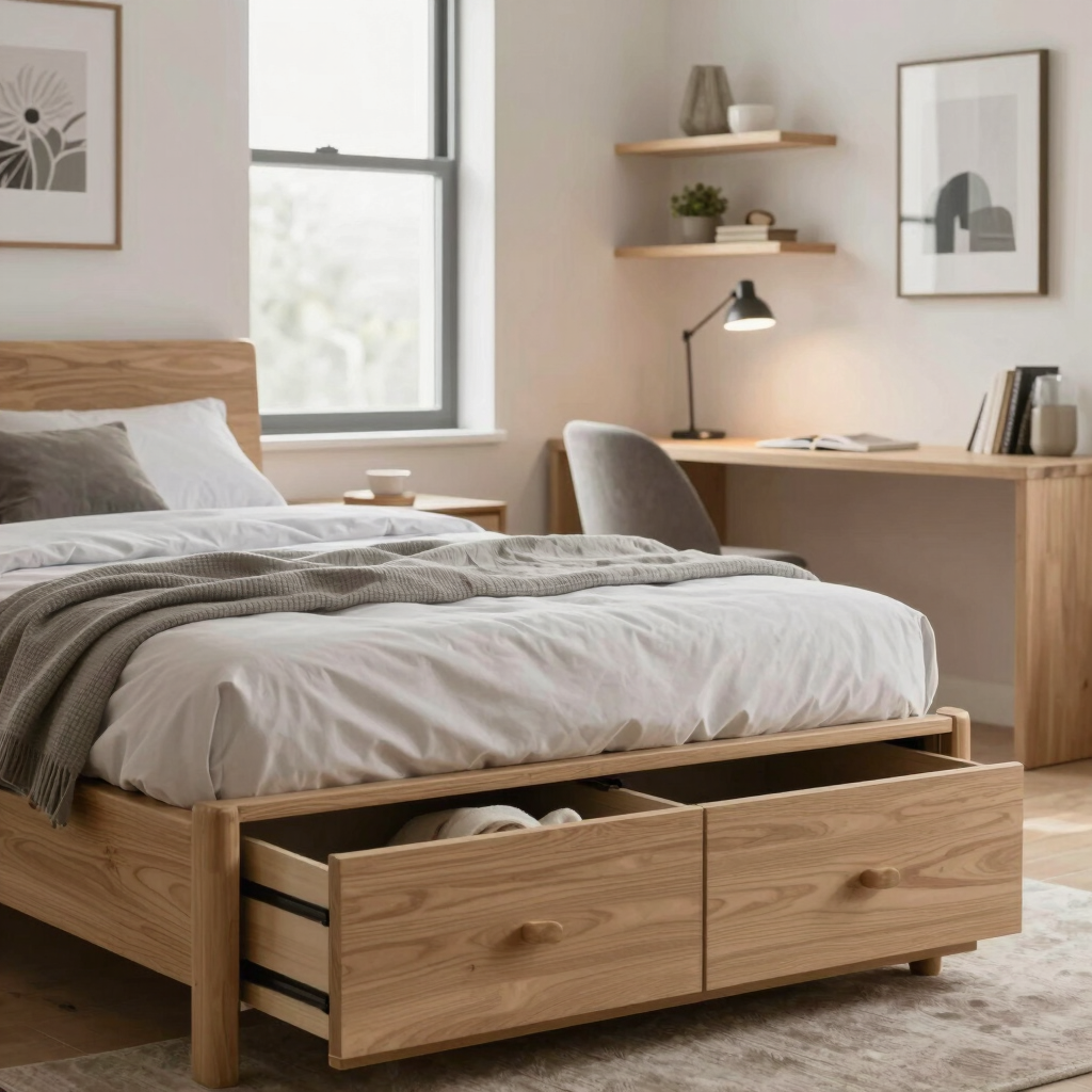 Close-up composite scene showing bed with storage drawers, desk by window, floating shelves, framed 
