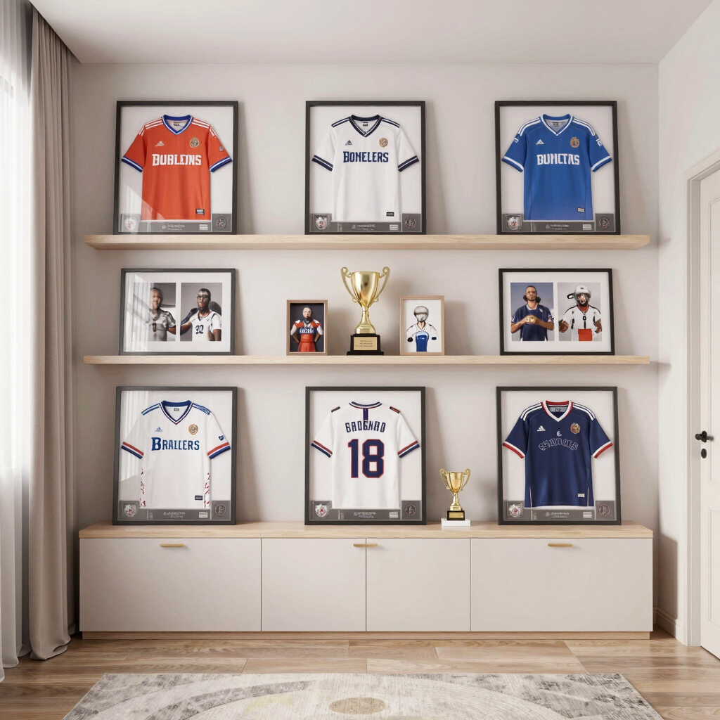 A cozy sports themed bedroom with neatly displayed jerseys, framed photos, and a few trophies on she