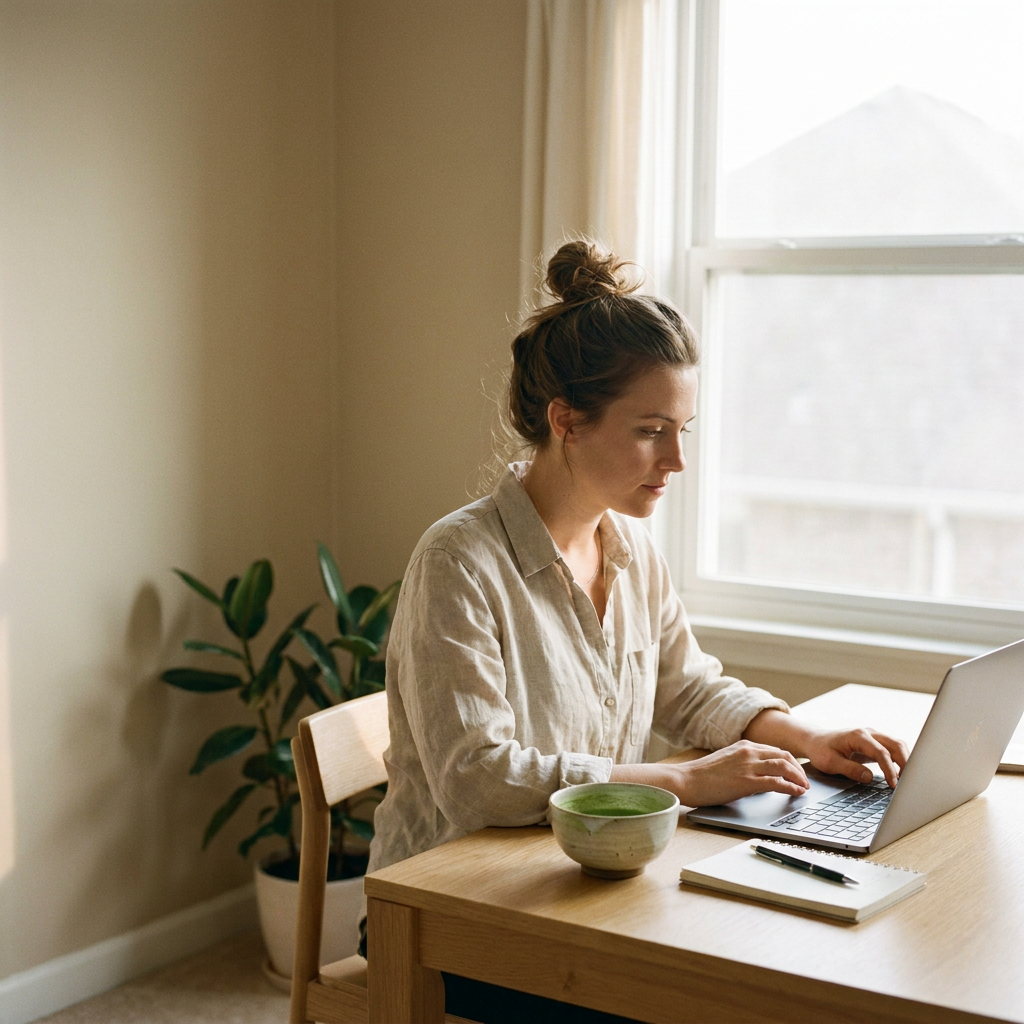 Professional woman working with a matcha bowl beside her desk, representing focus, productivity, and