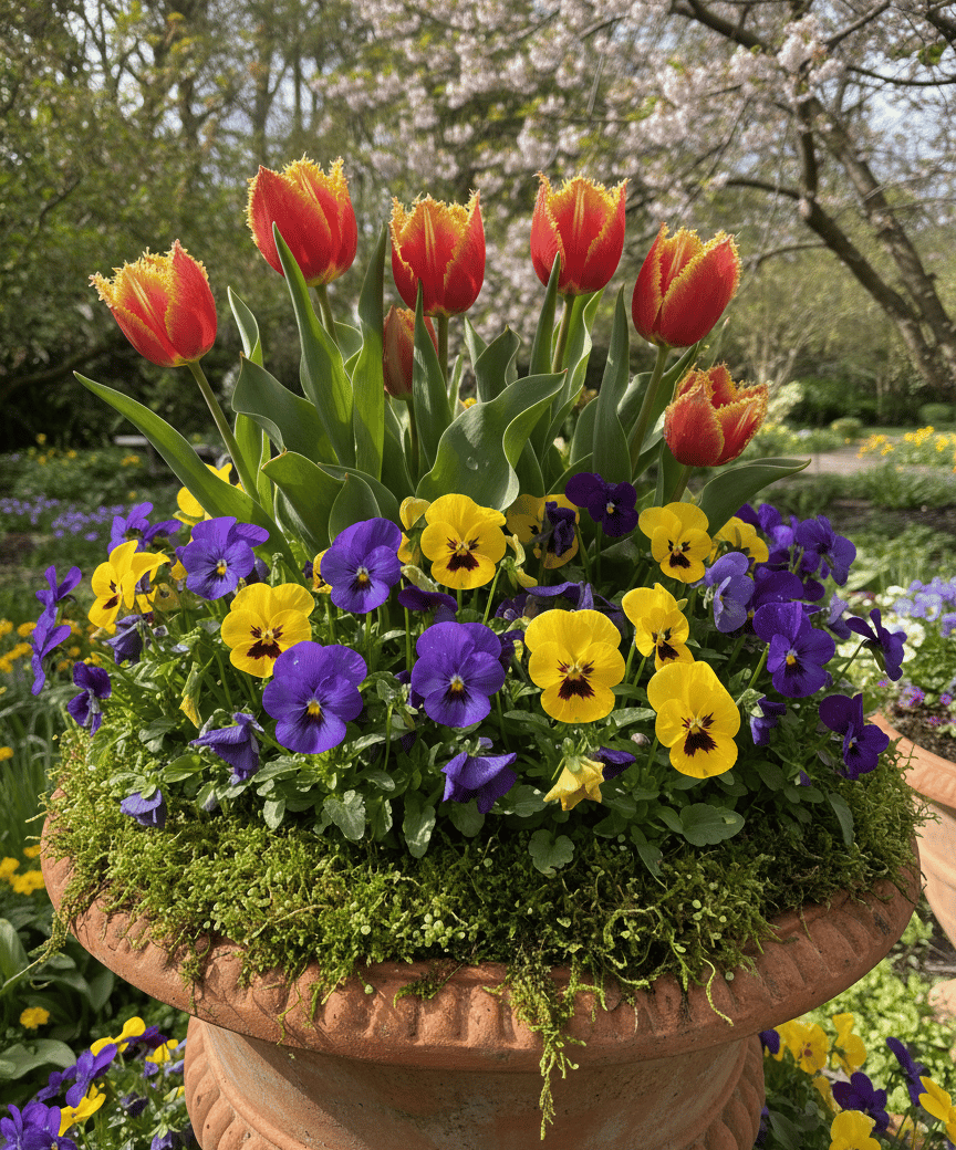 Red fringed tulips and vibrant purple and yellow pansies in a terra cotta garden planter.