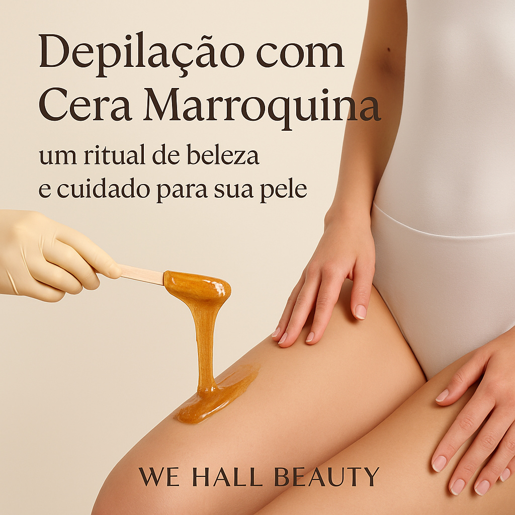 Mulher usando body claro recebe aplicação de cera marroquina na coxa por profissional com luva, em ambiente neutro e sofistic