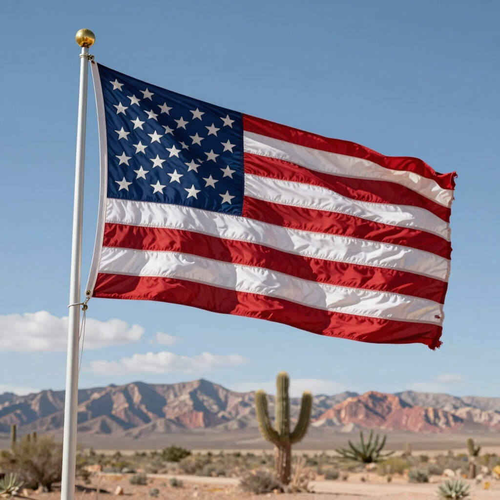 A flag flying in the wind with birds flying in the background