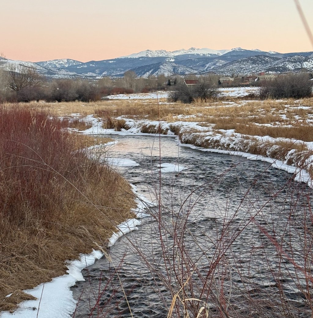 a stream running through a field with snow covered ground