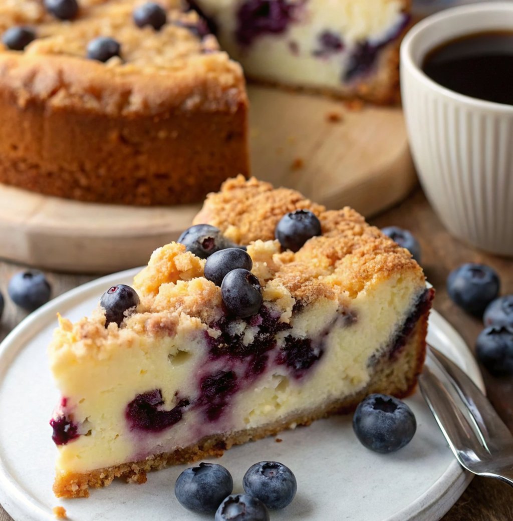 Moist blueberry cream cheese coffee cake with crumb topping, sliced on a wooden board.