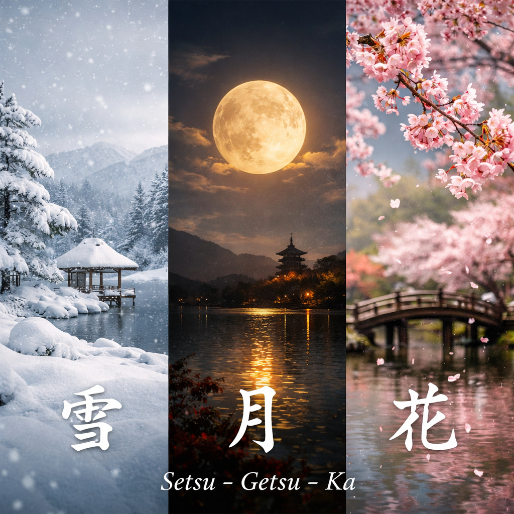 „Japanisches Motivtriptychon Setsu-Getsu-Ka (雪月花): Schnee im Winter, Mond im Herbst und Sakura-Blüte