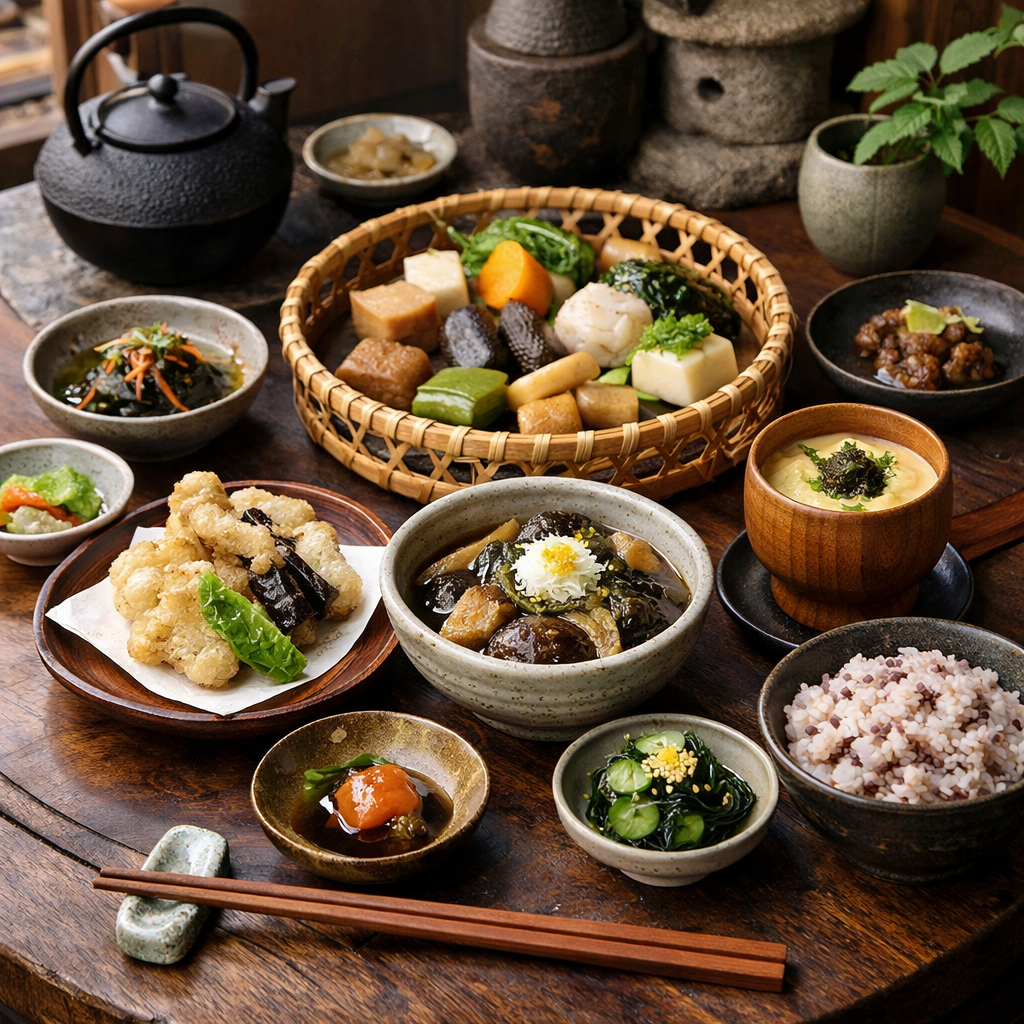 Hyperrealistische Szene eines traditionellen japanischen veganen Menüs (Shōjin Ryōri) auf einem dunk