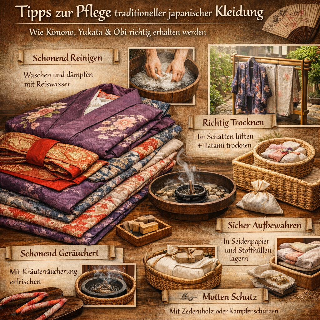 Pflege traditioneller japanischer Kleidung: Kimono, Yukata und Obi richtig erhalten.