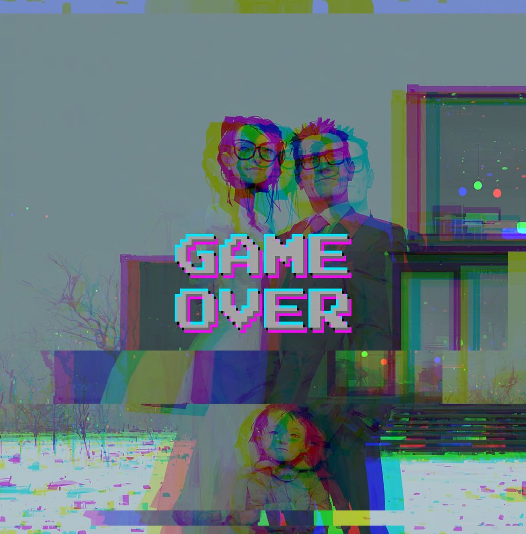 Une famille type heureuse du rêve americain barrée par le picto "Game over"
