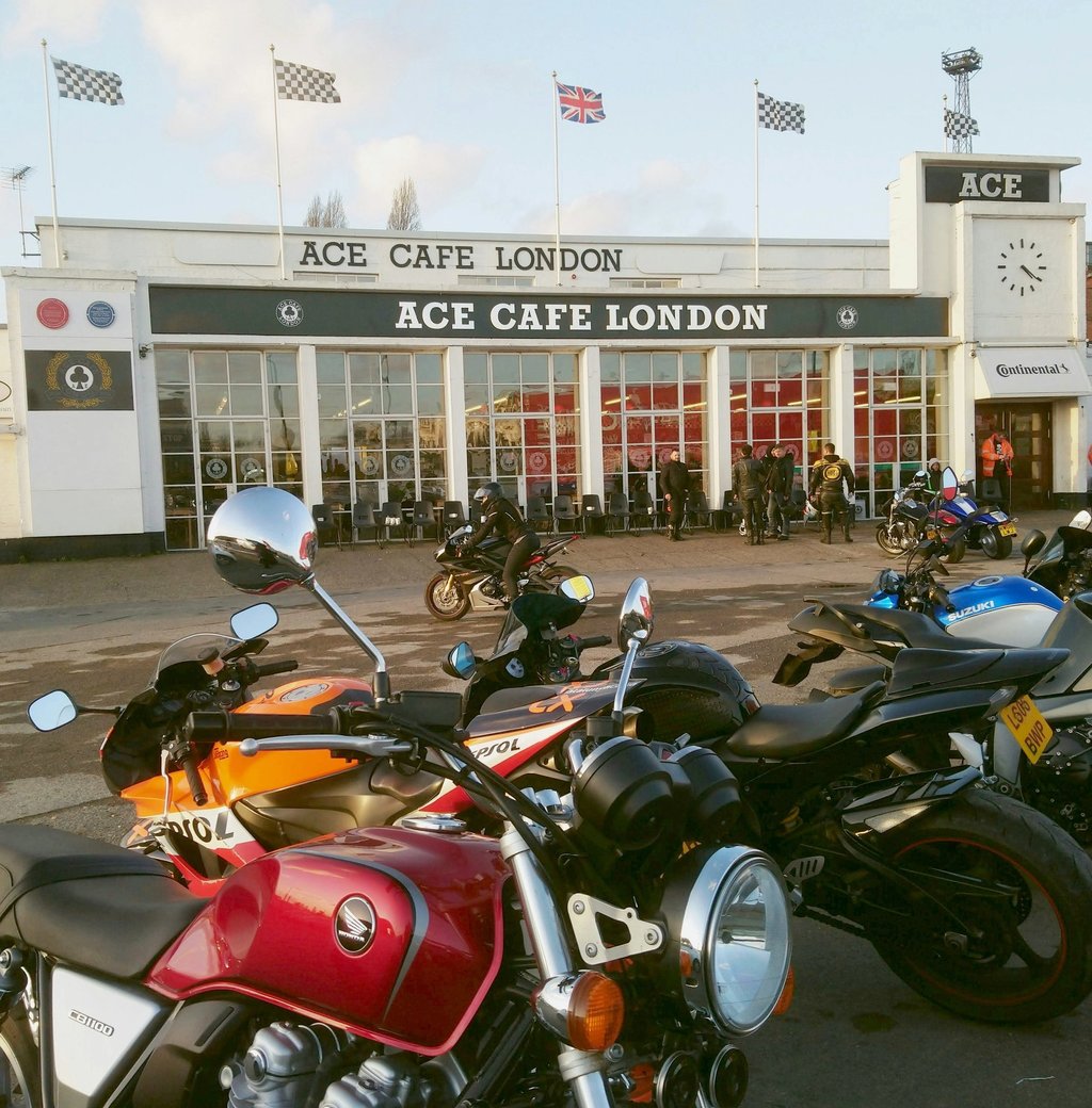 outside the ace cafe on modern day london with the bikes still part of the scenery