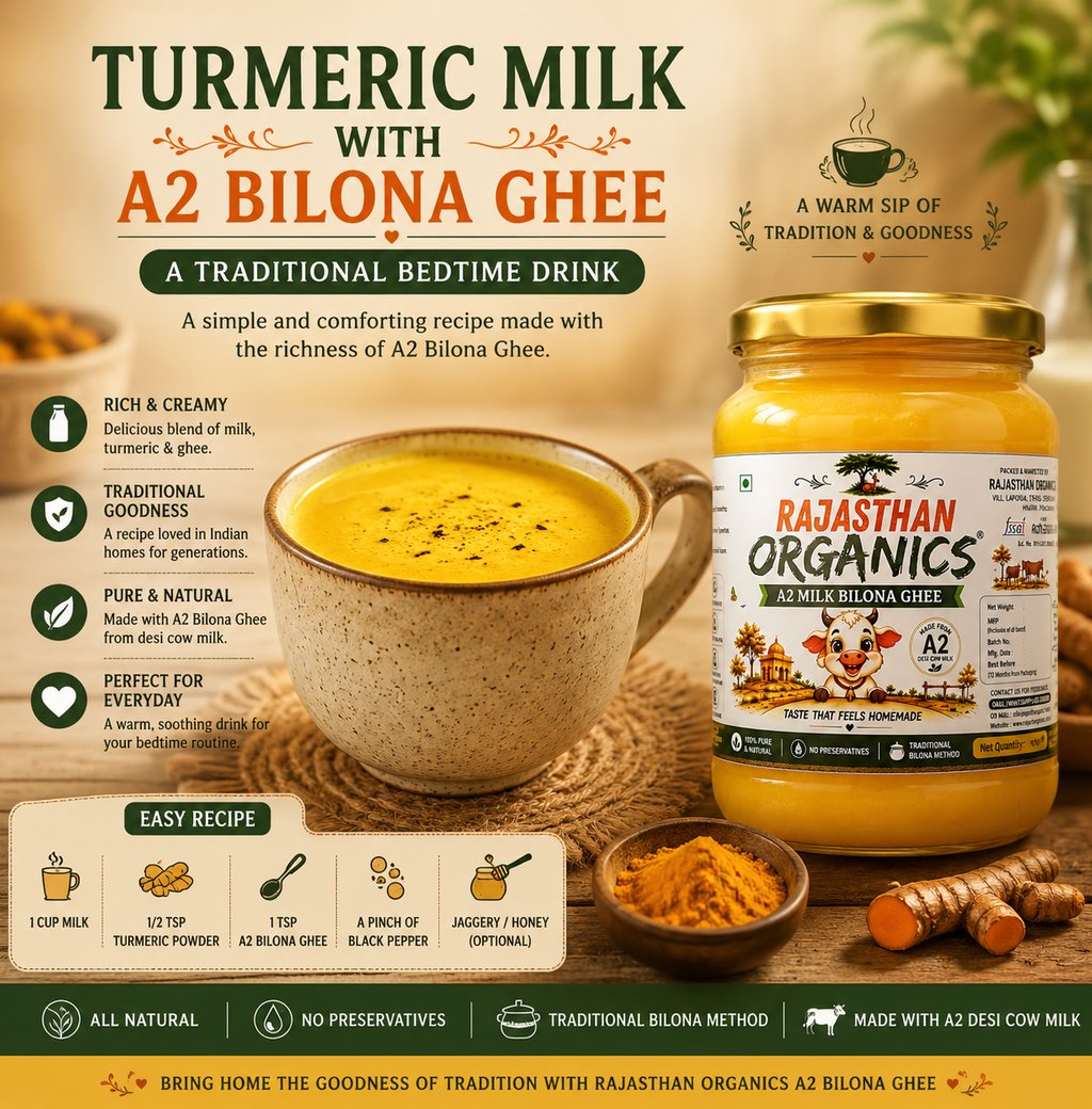 Turmeric Milk with A2 Bilona Ghee in a traditional cup