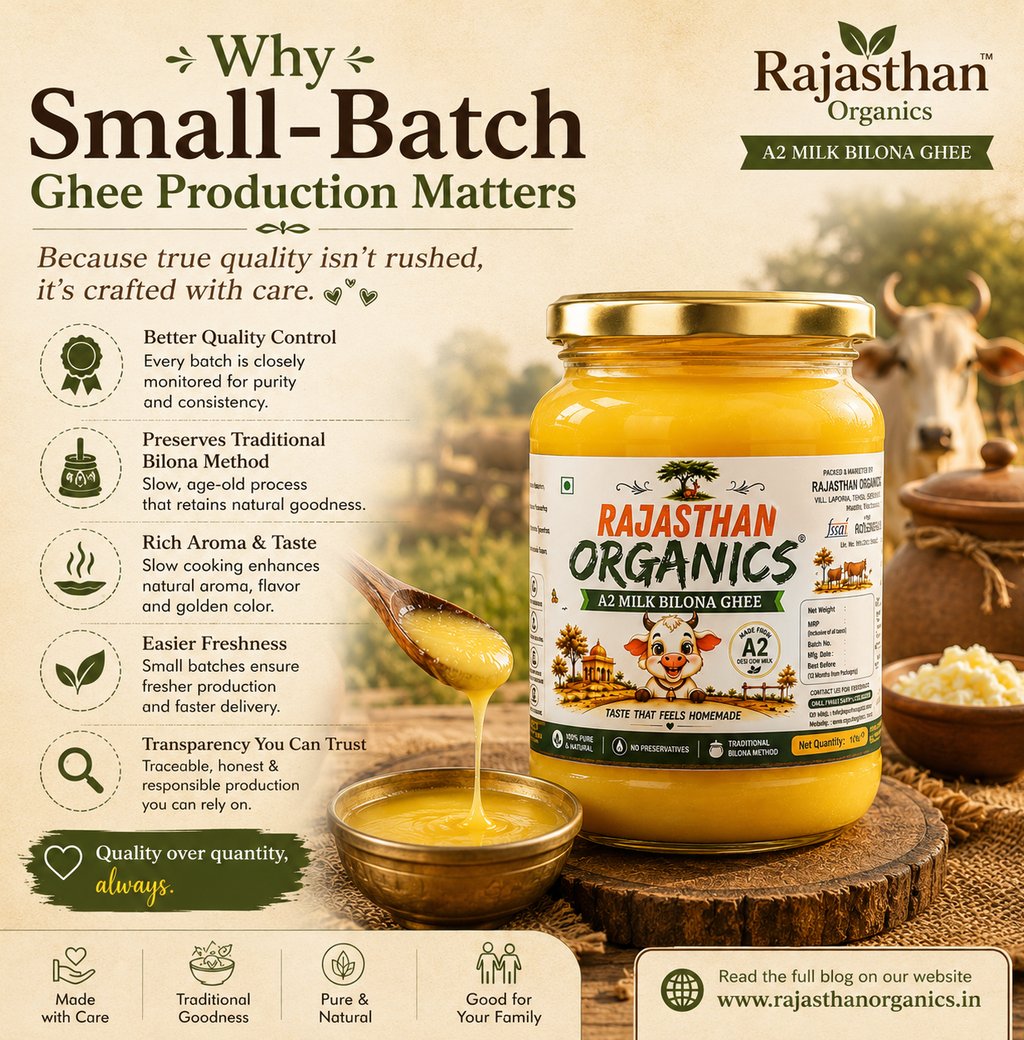 Premium Rajasthan Organics A2 Bilona Ghee jar representing small-batch ghee production, traditional
