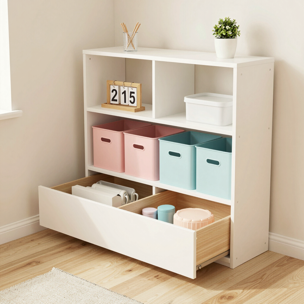 A small bedroom with smart storage solutions, under bed drawers, wall shelves, and storage boxes, al