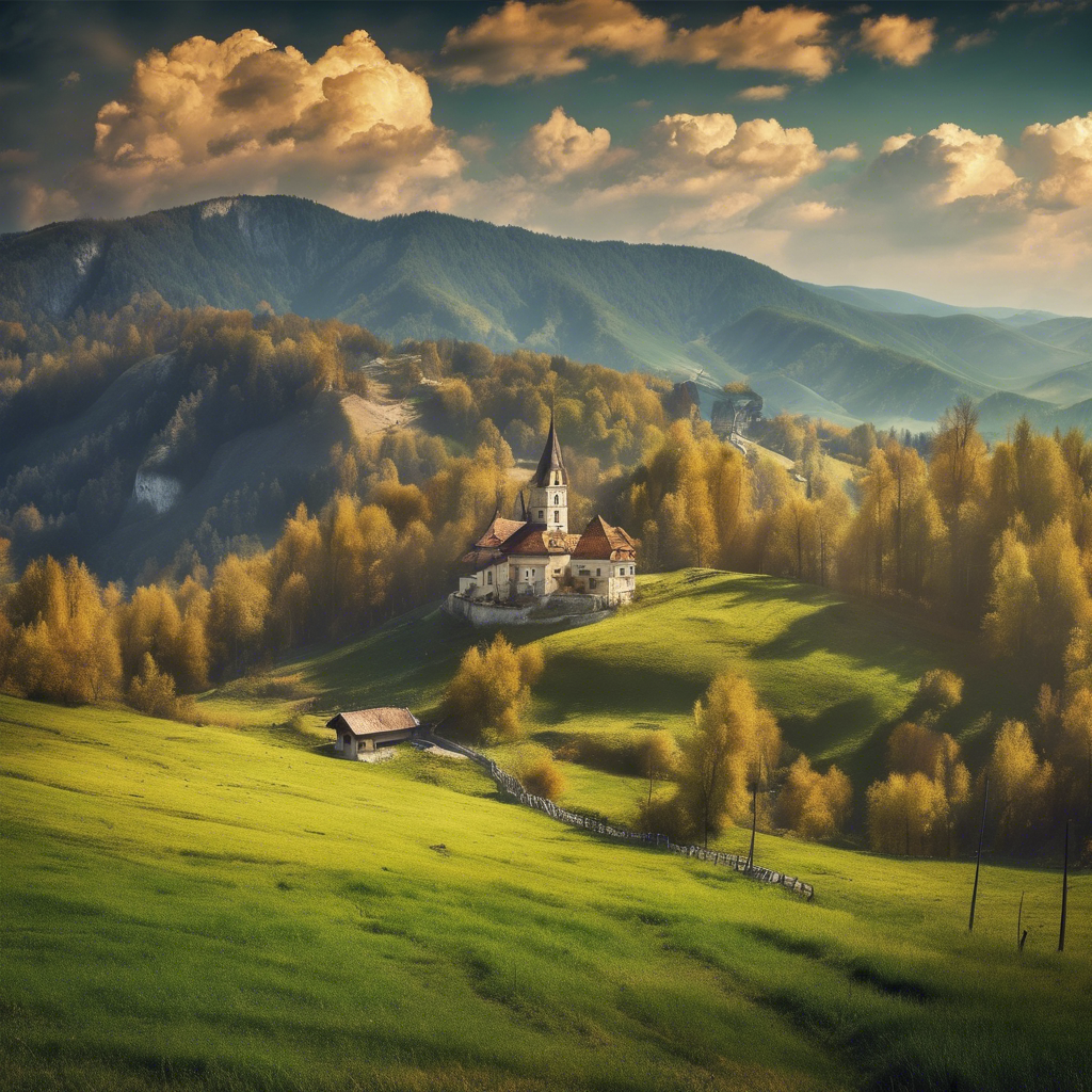 a church in the mountains with a church in the background