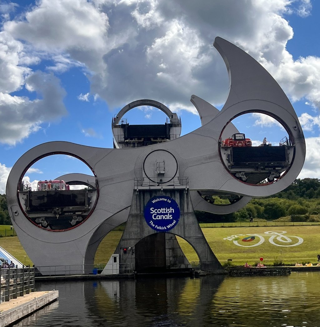 The falkirk wheel boat lift mid rotation.