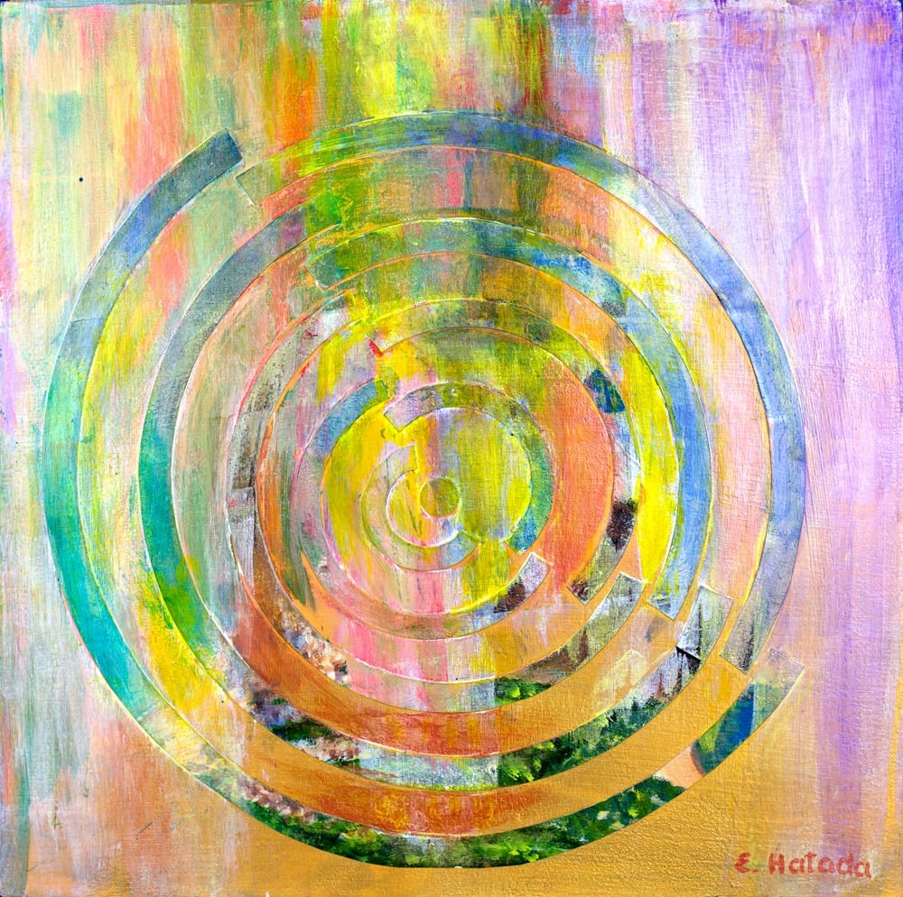 Abstract acrylic and collage painting of a fragmented tunnel