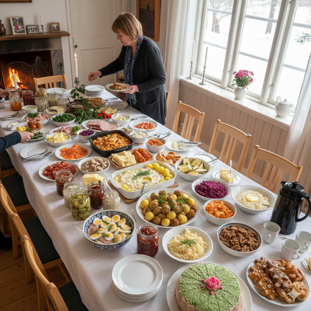 a table with a tablecloth covered in food, swedish smörgåsbord