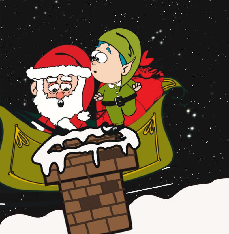 Elfo saliendo del trineo de Papá Noel hacia una chimenea.