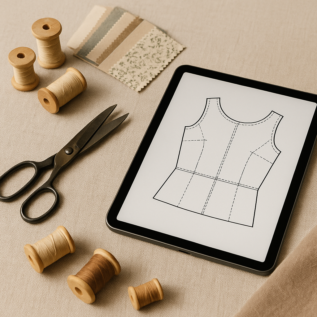 A tablet with a drawing of a top on it with scissors and spools of thead.
