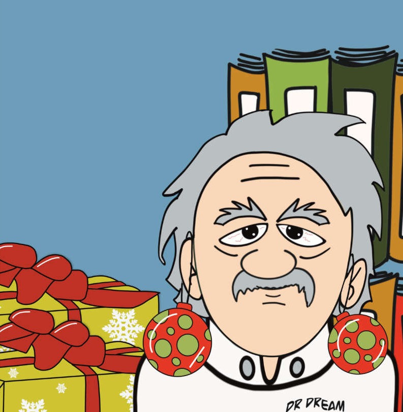 Hombre con adornos navideños como pendientes