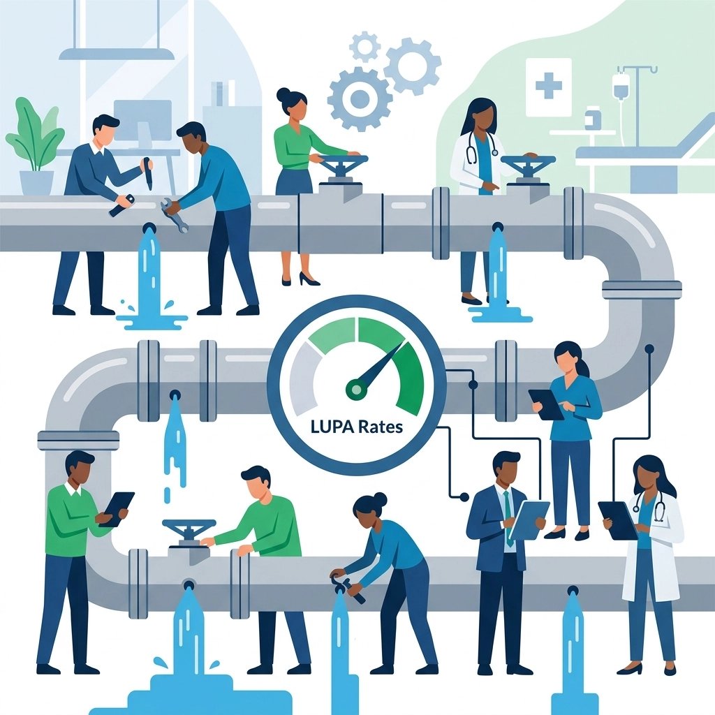 A professional graphic illustrating revenue leaking from a healthcare agency's financial funnel due 